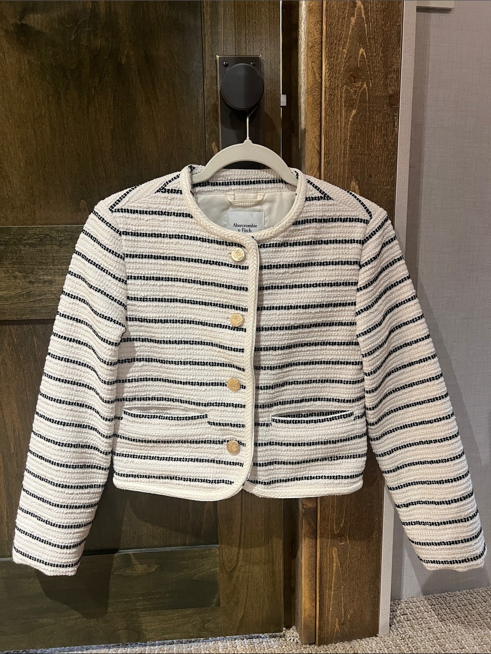 Abercrombie & Fitch Cream and Black Striped Collarless Tweed Jacket